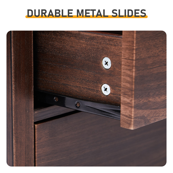 Brown P2 density board + solid wood veneer frame 75*40*61CM two drawers with upper compartment bedside table mid-century modern-4