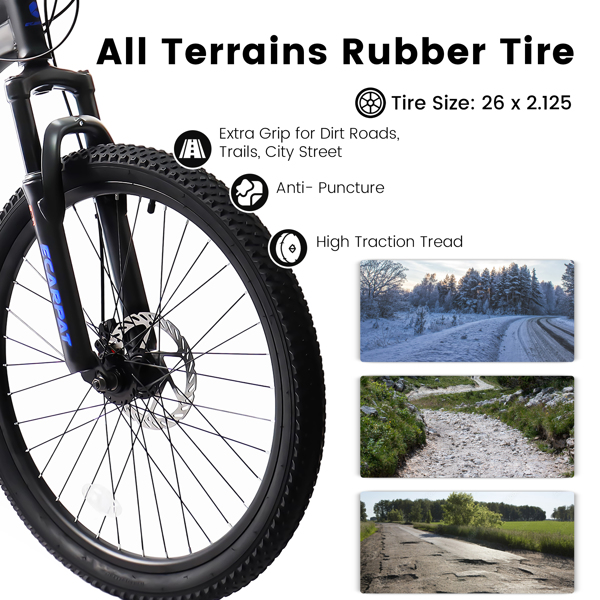 26 Inch Mountain Bike, 21-Speed Disc Brakes, Durable Frame, Front, Rear Dual-Shock Absorption, Unisex for Commuting, Travel, School, Mountain and City Road Cycling -4