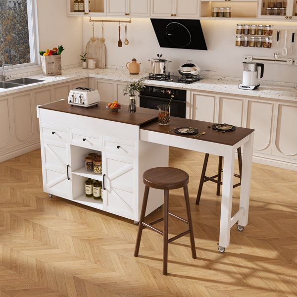 74.8" Kitchen Island with Extendable Dining Table & Power Outlet - Rolling Storage Cart on Wheels with 3 Drawers & 2 Door Cabinet for Dining Room, White-7