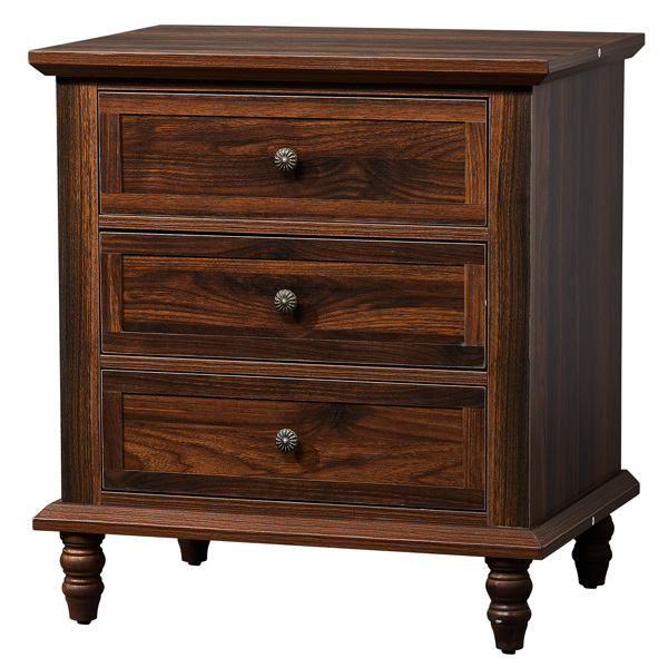 Brown P2 particle board with 3D paper + solid wood legs 63*44.5*68.5CM three drawers bedside table 1pcs-16