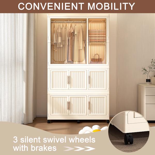 Portable Wardrobe Closet Storage Organizer for Clothes,Clothes Dresser,9 Magnetic Doors-9 Cubes & 1 Hanging Rod,6 pcs hangers , Baby Wardrobe Storage Cabinet,White -7