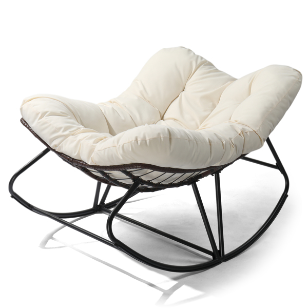 Oversized Rattan Papasan Chair, Outdoor Steel Wicker Rocking Seating with Thick Padded Cushion for Patio, Living Room, Backyard, Porch(Brown Wicker & Beige Cushion)-2