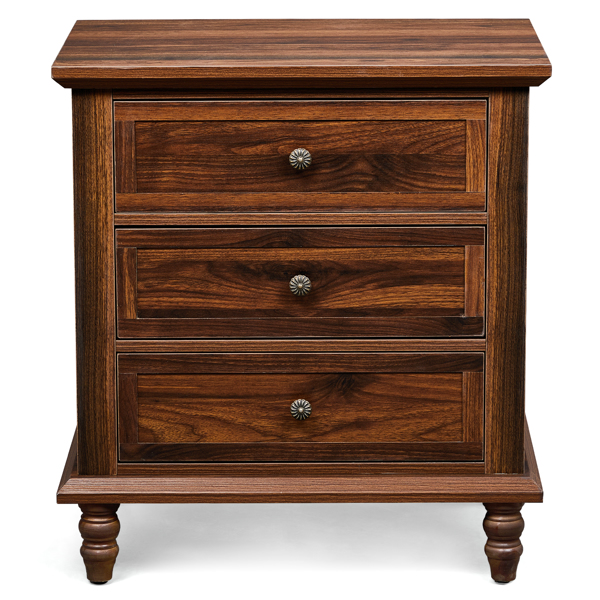 Brown P2 particle board with 3D paper + solid wood legs 63*44.5*68.5CM three drawers bedside table 1pcs-13