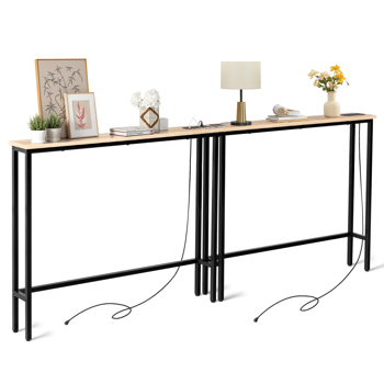 2 Pack 39.4\\" Narrow Console Sofa Table with Power Outlets and USB Ports, Long Couch Table with Metal Frame and Charge Station with 4.9ft Extension Cord, Oak