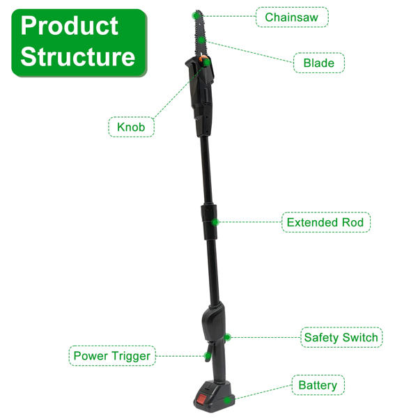 Cordless Pole Saw 7.4FT Telescopic Electric Chainsaw, 775W 39000RPM Brush Motor, 2×3000mAh Battery 60Min Runtime, Safety Switch, Gloves & Goggles Included, Tree Trimmer for Garden Yard Farm-9