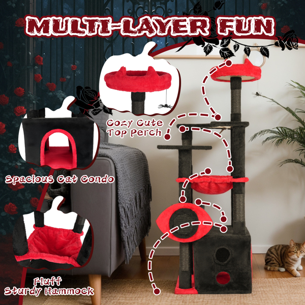 53" Large Cat Tree, Gothic Cat Tower with Padded Perch, Spacious Condo, Comfy Hammock, Scratching Post, Hanging Toy for Indoor Cats, Red & Black-4