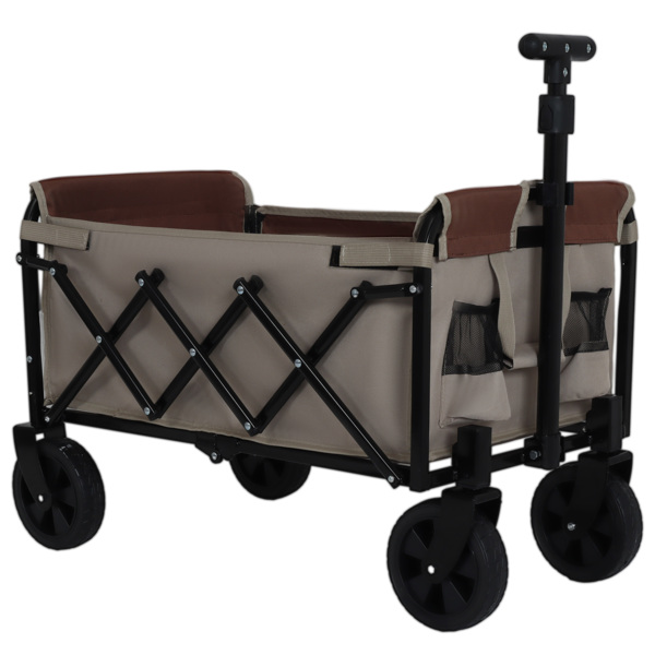 All-in-One Convertible Folding Camping Wagon Cart: Bench Seat, Storage Compartment & Included Dog Tether, Beige/Brown -7