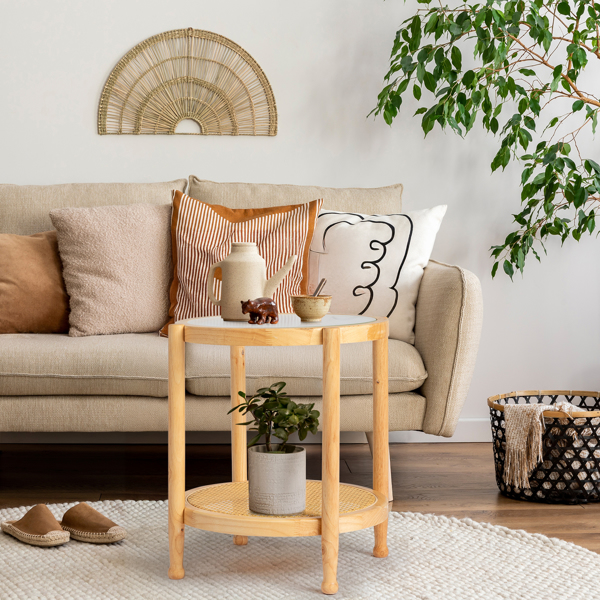 19.7in Rattan Coffee Table with Glass Top, Small Round End Table, Boho Style Side Table Sofa End Table for Living Room Balcony Patio, Natural-7