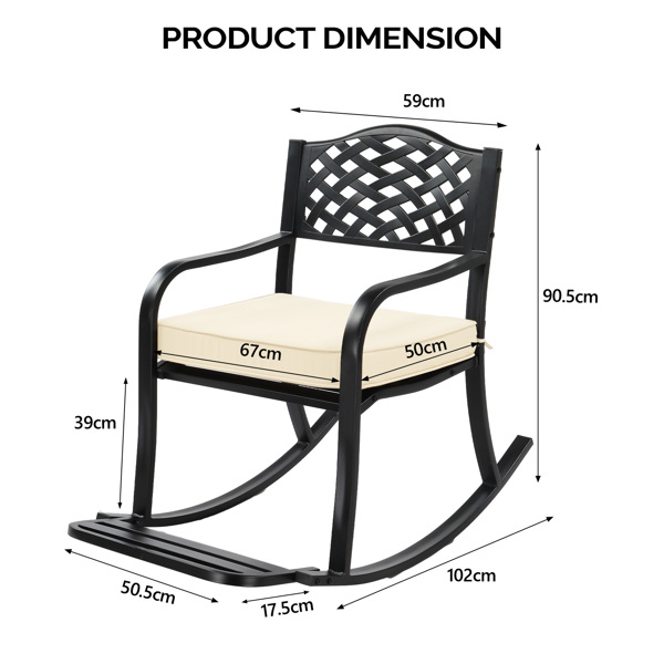 Metal Rocking Chair, Outdoor Rocking Bench with Cushion, Patio Rocker with Footrest, Weatherproof Rocking Chair for Outside, Patio, Garden, Hole Backrest-8