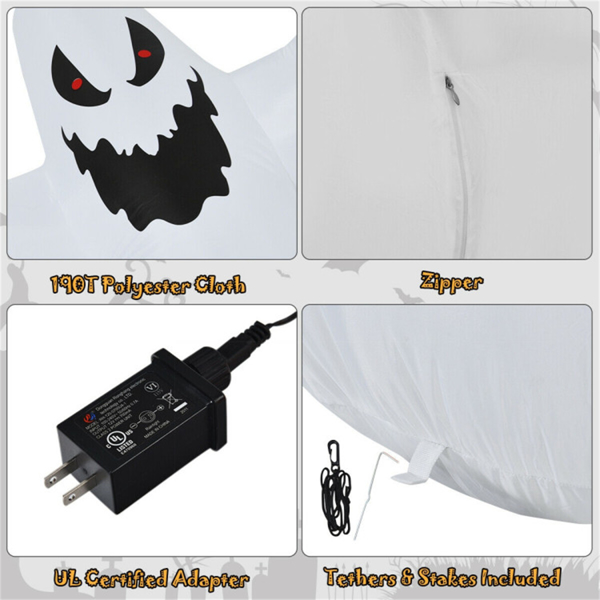Spooky Halloween Inflatable Ghost - 12 ft Tall with LED Lights, Waterproof Fabric, Spikes/Ropes for Stability, White-6