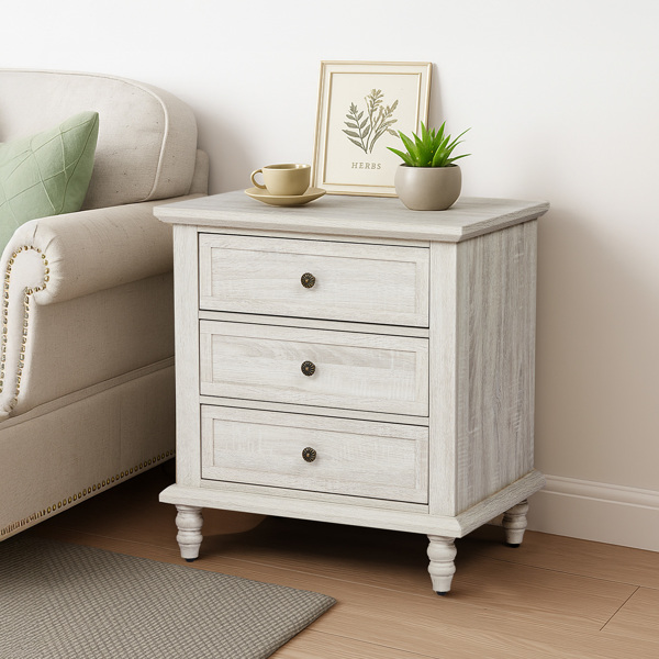 Retro white P2 particle board with 3D paper + solid wood legs 63*44.5*68.5CM three drawers bedside table 1pcs-21