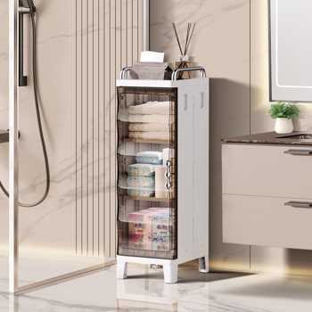 Small Narrow Storage Cabinet with Doors and Shelves Slim Waterproof Bathroom Storage Organizers Skinny Plastic Freestanding Cabinets Gap Spaces Saver for Kitchen Laundry Room Bedroom