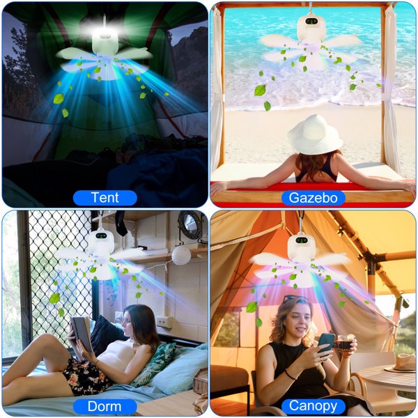 2 In 1 Portable Camping Fan with LED Lantern 8000mAh Battery Powered Tent Fan with Carabiner Digital Display 4 Speeds 4 Timer Settings for Camping Canopy Tents RV-6