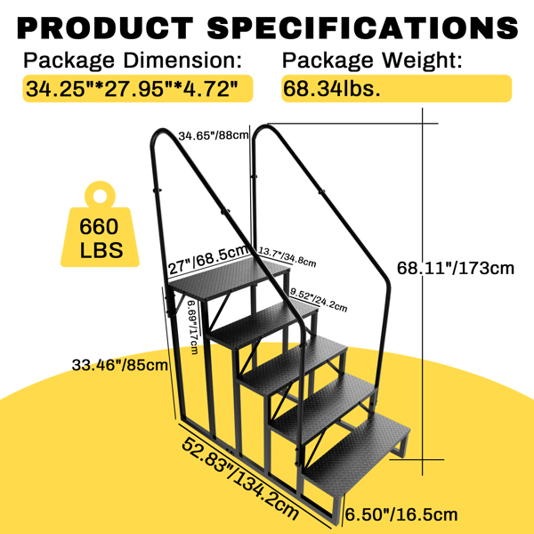 RV Stairs 5 Step Ladder, RV Steps Anti-Slip, Hot Tub Steps with Handrail, 660 lbs RV Ladder for 5th Wheel RV, Mobile Home Stairs-6