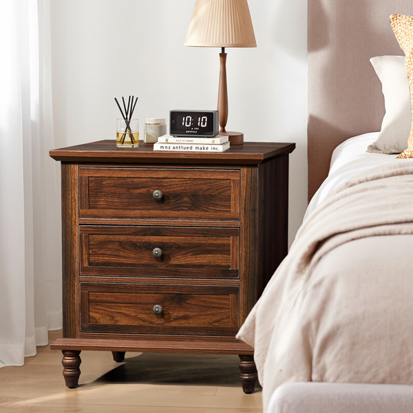 Brown P2 particle board with 3D paper + solid wood legs 63*44.5*68.5CM three drawers bedside table 1pcs-8