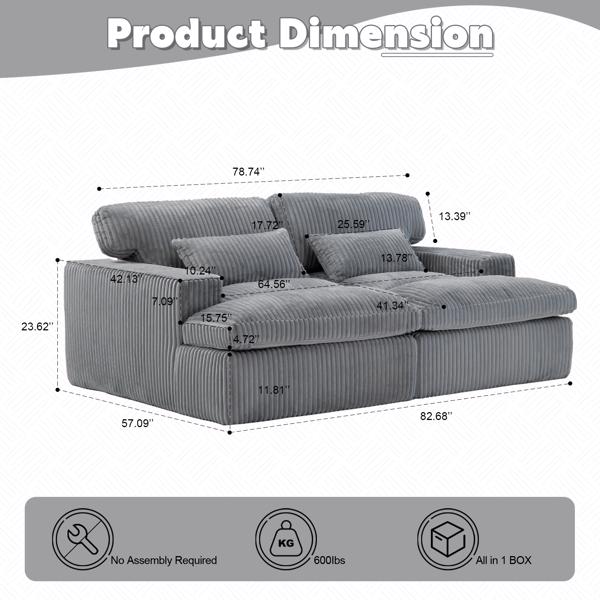 Double Chaise Lounge Chair Indoor,Oversized Upholstered Sleeper Cloud Couch,Deep Seat Luxury Sofa Bed,Sectional Sofa Chaise Love-seat,Corduroy Reading Chair for Living Room,No Assembly Required,Grey-3
