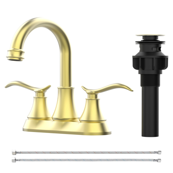 Bathroom Faucet Brushed Gold with Pop-up Drain & Supply Hoses 2-Handle 360 Degree High Arc Swivel Spout Centerset[Unable to ship on weekends,usps/fedex]