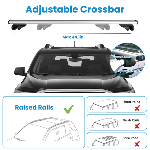 Car Roof Rack Cross Bars 1.22m Thick Aluminum Crossbars Universal Roof Rack Adjustable Roof Cross Bars with 176lbs Load Capacity Fits Most Vehicles with Existing Raised Side Rails with Gap-8