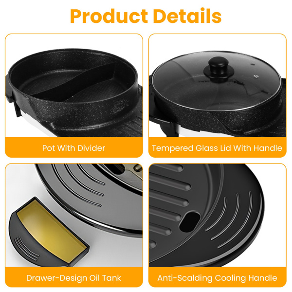 Dual-Electric 2 in 1 Hot Pot & Grill Combo, 2200W Rapid-Heat Indoor , 3.7 QT Non-Stick Hotpot Separate Temp Control , Apartment-Friendly Party Cooker-6