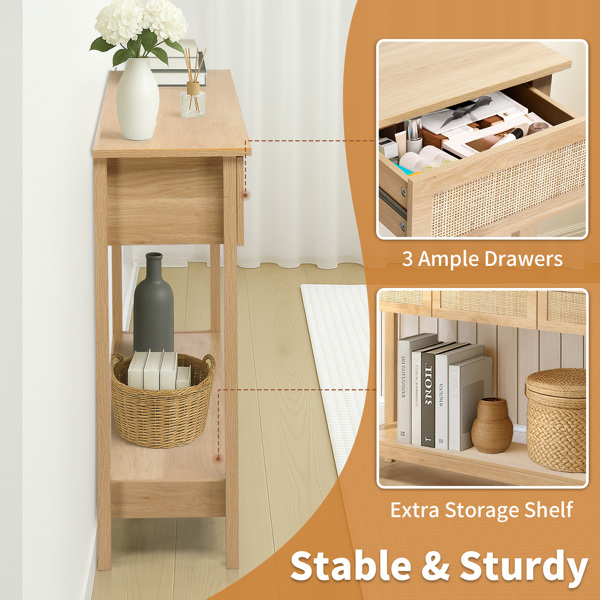Boho Style Rattan Console Table with 3 Drawers and Open Storage Shelf, Entryway Table Narrow Long Sofa Table Hallway Foyer Table Behind Couch Table, Natural Wood-11
