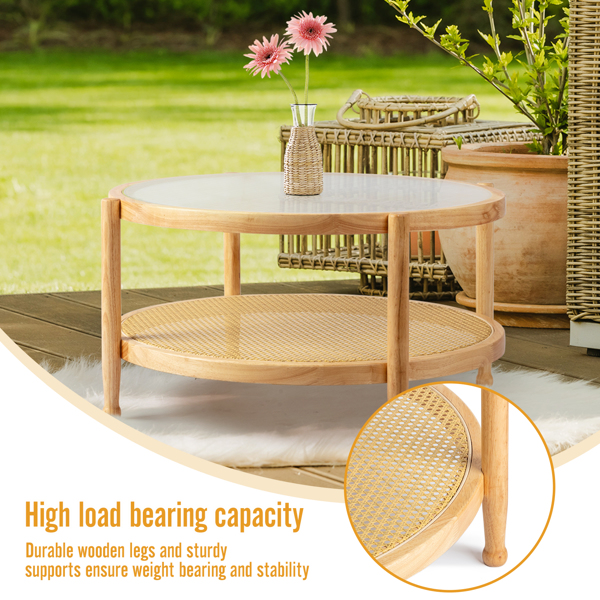 31.5in Rattan Coffee Table with Glass Top, Round End Table, Boho Style Side Table Sofa End Table for Living Room Balcony Patio, Natural-15