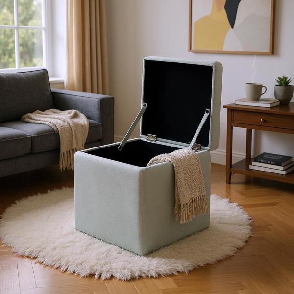 Gray Linen-Textured Storage Ottoman with Black Rubber Feet – Compact Square Seat with Hidden Storage, 42×42×44cm-2