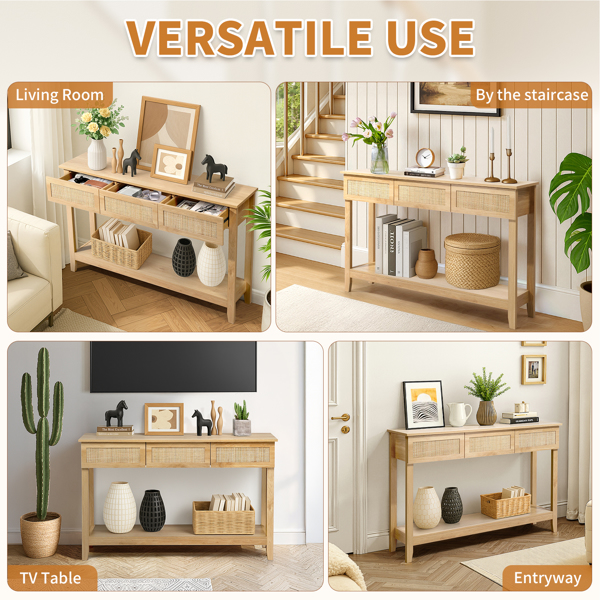 Boho Style Rattan Console Table with 3 Drawers and Open Storage Shelf, Entryway Table Narrow Long Sofa Table Hallway Foyer Table Behind Couch Table, Natural Wood-12