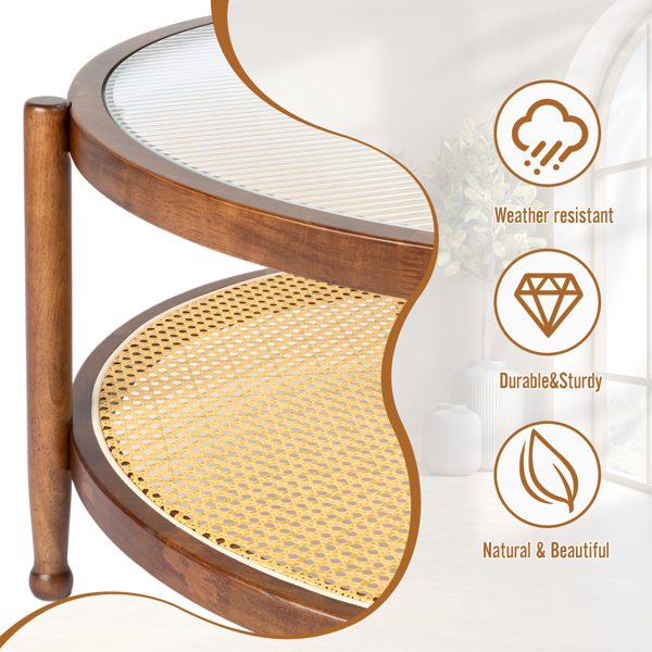 31.5in Rattan Coffee Table with Glass Top, Round End Table, Boho Style Side Table Sofa End Table for Living Room Balcony Patio, Walnut Finish-14