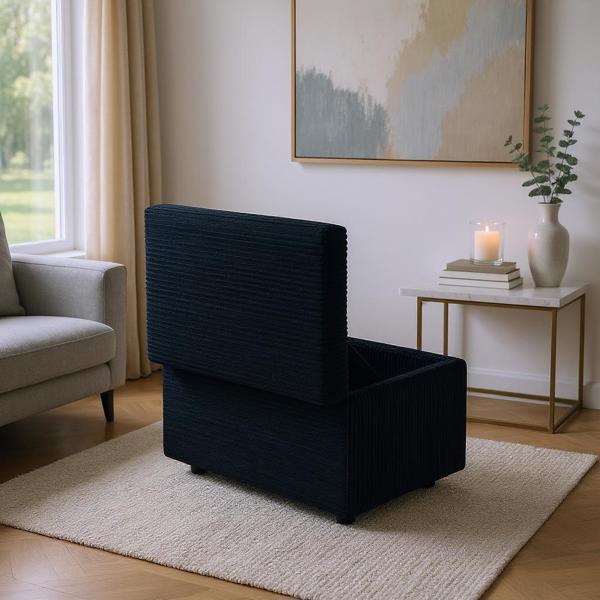 Black Corduroy Upholstered Storage Ottoman with Black Round Rubber Feet – 63×43×43cm, Hidden Storage with Soft Seating-6