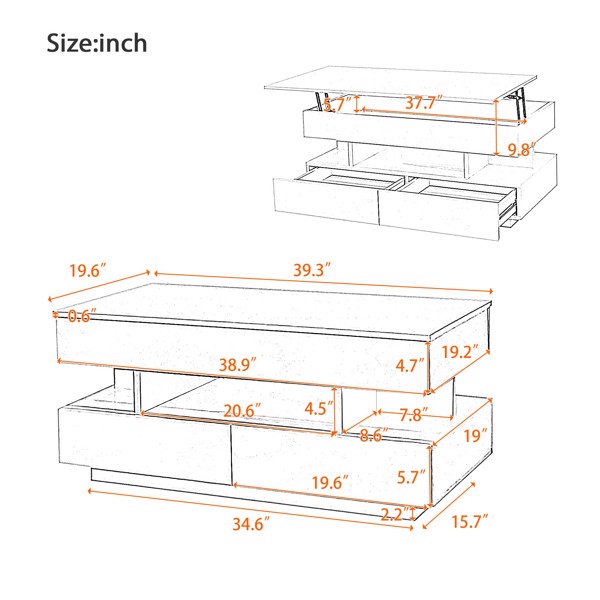  Lift-Top Coffee Table with 2 Drawers, Modern Coffee Table with Adequate Hidden Compartment, Multi-Functional Lift-Top Coffee Table with High-Gloss Finish for Living Room-4