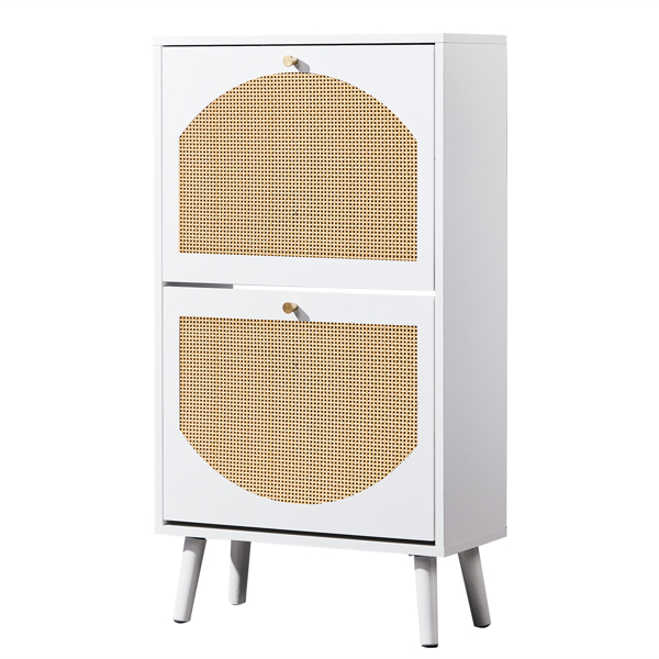 2 dump buckets with high-leg arched rattan shoe cabinet particle board + plastic rattan 54*24*98cm white frame + original wood rattan surface + white high-leg shoe cabinet-10