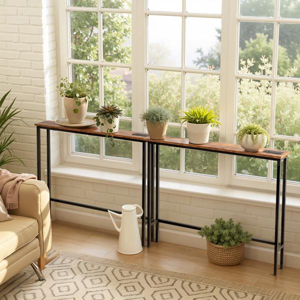 2 Pack 39.4" Narrow Console Sofa Table with Power Outlets and USB Ports, Long Couch Table with Metal Frame and Charge Station with 4.9ft Extension Cord, Rustic Brown-8