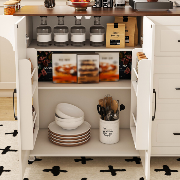 White Kitchen Island Cart with Foldable Tabletop & Drop Leaf - Mobile Breakfast Bar on Wheels with Wood Top and Storage-5