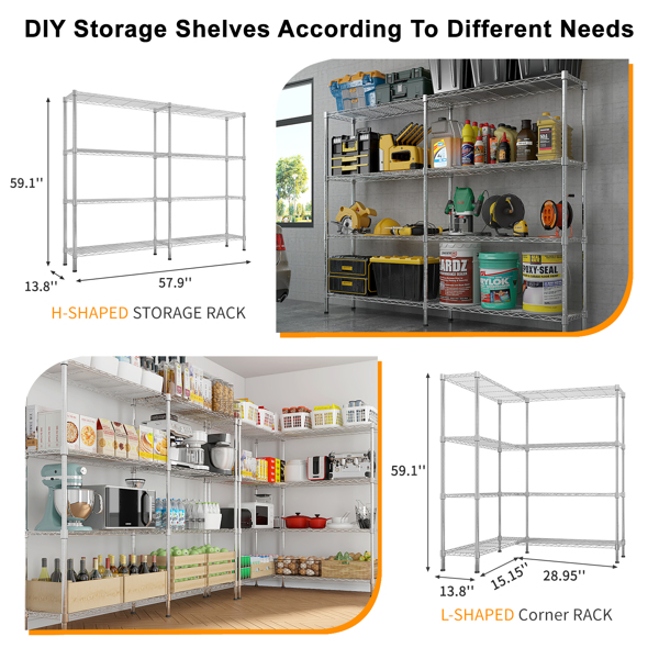 58''W  Adjustable  Storage Shelves 1200LBS  NSF  Wire Shelving Unit 4 Tier Metal Shelving for Storage Rack Shelves for Storage Heavy Duty Garage Shelf Pantry Shelves Kitchen Shelving,  58''W*59.06''H*-2