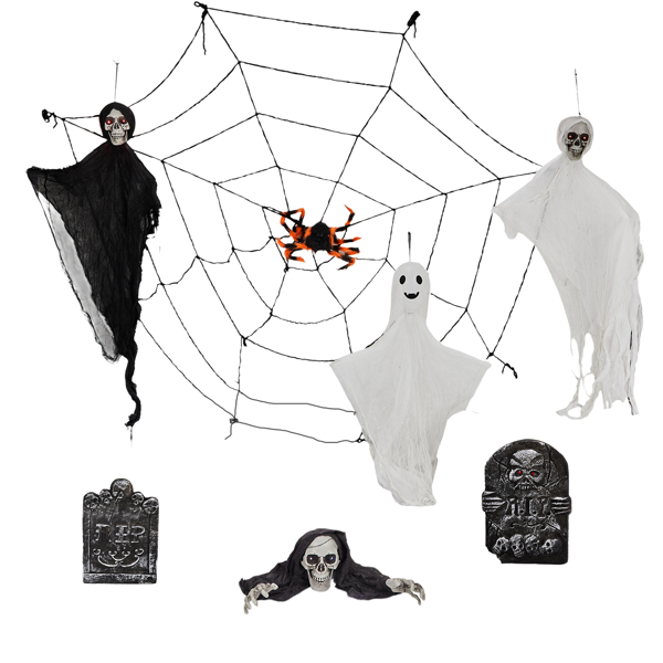 Outdoor Halloween Decorations 8-Piece Set, Hanging Ghosts Decor and Cobweb and Gravestone with Lighted Up Eyes, Scary Swinging Ghost Flying for Yard Patio Lawn Garden-1