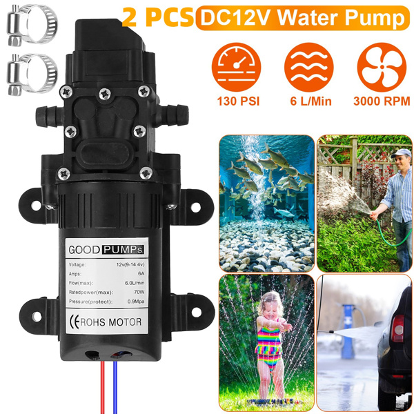 2PCS 12V Water Pump with 2 Hose Clamps 130PSI Self Priming Sprayer Pump 70W Electric Diaphragm Water Pump 6L/Min for RV Camper Marine Boat-1