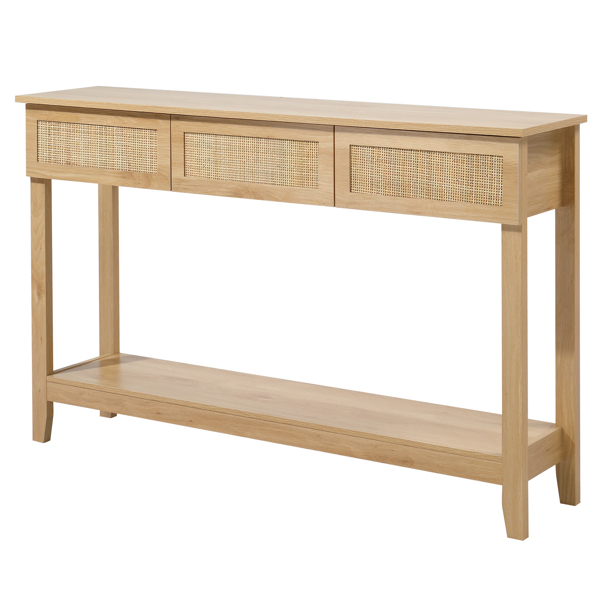 Boho Style Rattan Console Table with 3 Drawers and Open Storage Shelf, Entryway Table Narrow Long Sofa Table Hallway Foyer Table Behind Couch Table, Natural Wood-3