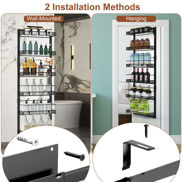 6-Tier Over the Door Pantry Organizer, Large Metal Door Spice Rack, Hanging Heavy-Duty Pantry Door Storage Shelf  10LBS Loading Easy Install Behind Door Storagefor Kitchen and Bathroom, Black-9