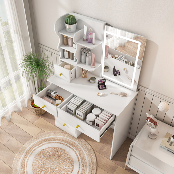 White dressing table, mirror and LED light, 5-drawer dressing table, movable and hidden mirror, 3-color mode touch screen, storage organizer for women's and girls' bedrooms -13