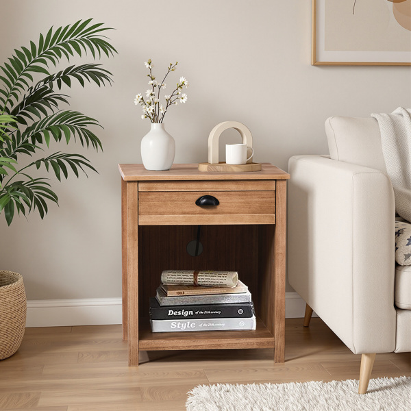 Oak color P2 density board + solid wood veneer frame 56*45*65cm one drawer with lower compartment bedside table mid-century modern-5