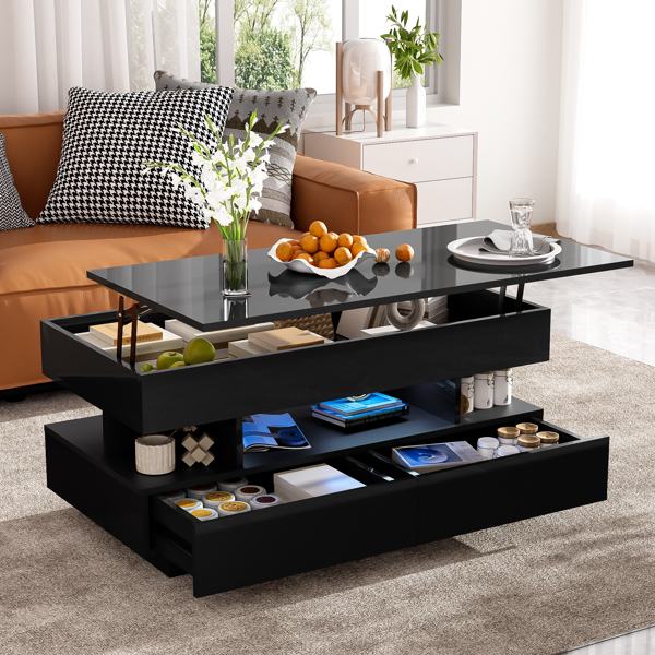  Lift-Top Coffee Table with 2 Drawers, Modern Coffee Table with Adequate Hidden Compartment, Multi-Functional Lift-Top Coffee Table with High-Gloss Finish for Living Room-2