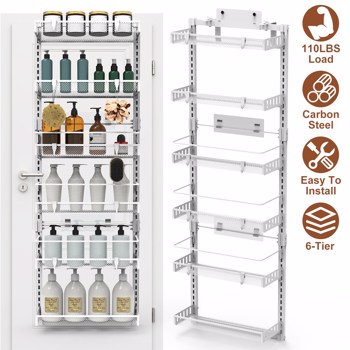 6-Tier Over the Door Pantry Organizer, Large Metal Door Spice Rack, Hanging Heavy-Duty Pantry Door Storage Shelf  10LBS Loading Easy Install Behind Door Storagefor Kitchen and Bathroom, White