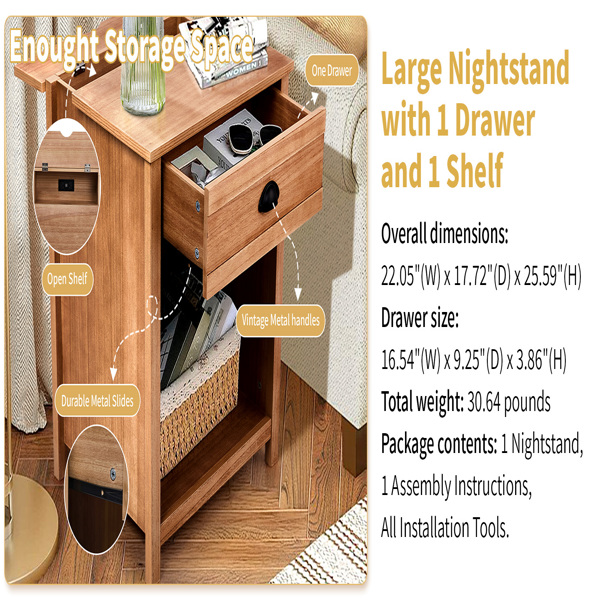 Oak color P2 density board + solid wood veneer frame 56*45*65cm one drawer with lower compartment bedside table mid-century modern-8
