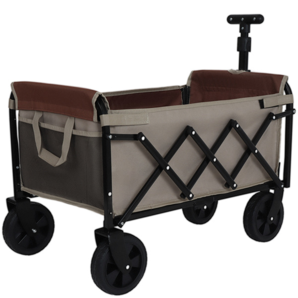 All-in-One Convertible Folding Camping Wagon Cart: Bench Seat, Storage Compartment & Included Dog Tether, Beige/Brown -18
