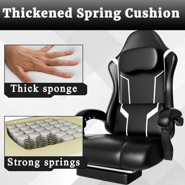 Ergonomic Gaming Chair, Video Game Chair with Pocket Spring Cushion and Footrest, Height Adjustable Computer Chair with Swivel Seat and Headrest (Faux Leather, Off-White)-3