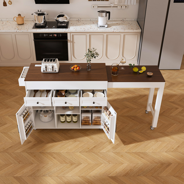 74.8" Kitchen Island with Extendable Dining Table & Power Outlet - Rolling Storage Cart on Wheels with 3 Drawers & 2 Door Cabinet for Dining Room, White-10