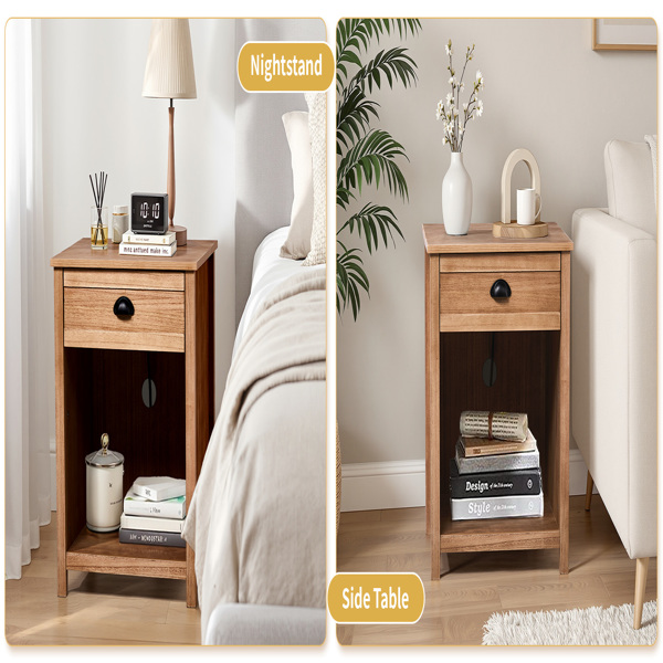 Oak color P2 density board + solid wood veneer frame 56*45*65cm one drawer with lower compartment bedside table mid-century modern-10
