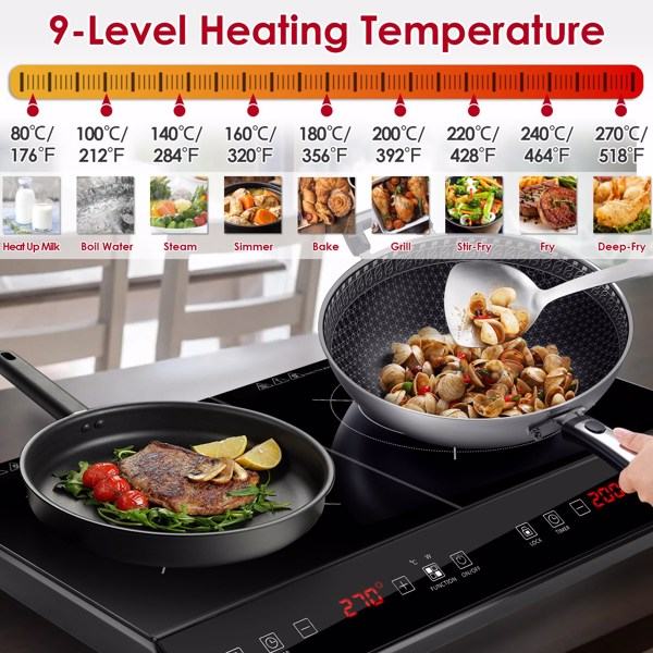 Double Induction Cooktop,  Portable Dual Countertop Burner with Sensor Touch, 4000W  Induction Cooktop 2 Burner, Electric Countertop Cooker with 9 Temp & Power Levels, 3-Hour Timer,Safety Lock-3
