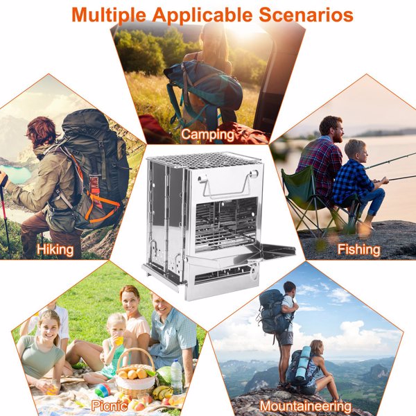 Foldable Camping Wood Burning Stove with Grill, Camp Stove Collapsible Backpacking Survival Stove Stainless Steel Campfire Stove for Outdoor Cooking Picnic Hiking BBQ (Sliver-Large)-3