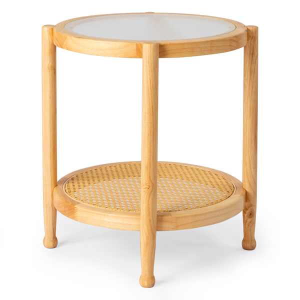 19.7in Rattan Coffee Table with Glass Top, Small Round End Table, Boho Style Side Table Sofa End Table for Living Room Balcony Patio, Natural-3